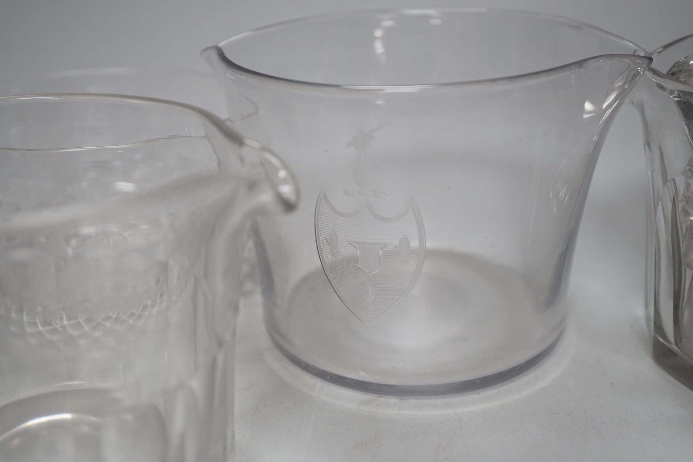 Three Georgian glass wine rinsers, two finger bowls and a jug and various stoppers